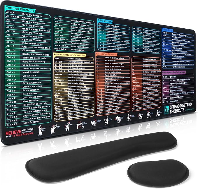 Excel Cheat Sheet Mouse Pad Set | 3-Piece XL Ergonomic Desk Mat with Wrist Rest for Office & Gaming(Black)