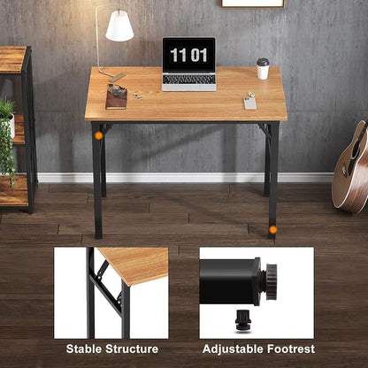 Need 31.5 Inch Folding Desk for Small Spaces, Home Office Computer Desk with Teak Wood Top & Black Frame, Foldable Writing Table for Study, Bedroom, Dorm Room & Student