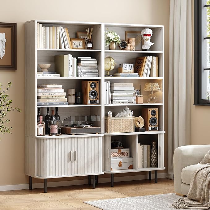 ONBRILL 71" Tall Bookshelf, 4-Tier Bookcase with Storage Cabinet & Adjustable Shelves, Freestanding Wood Bookshelf with Sliding Door and Adjustable Footpad, for Home Office, Living Room, Natural White