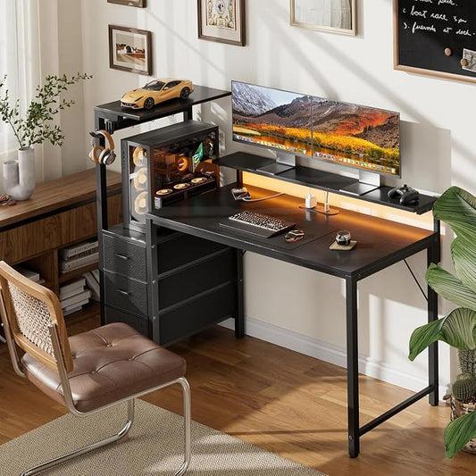 HLDIRECT 60 inch Gaming Desk with 3 Fabric Drawers & Side Hooks-Reversible Home Office Computer Desk with Power Outlets & Led Lights, Gamer Desk Table with Monitor Stand, Black