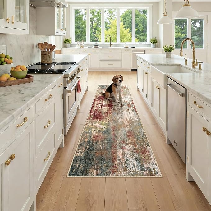 RELEANY Washable Area Rugs 2x7 Non-Slip Modern Abstract Soft for Living Room Entryway Bedroom Kitchen, Print Pattern, Brown Rust Red Green Blue Multi