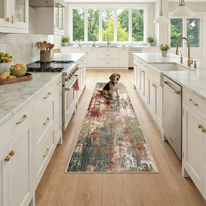 RELEANY Washable Area Rugs 2x7 Non-Slip Modern Abstract Soft for Living Room Entryway Bedroom Kitchen, Print Pattern, Brown Rust Red Green Blue Multi