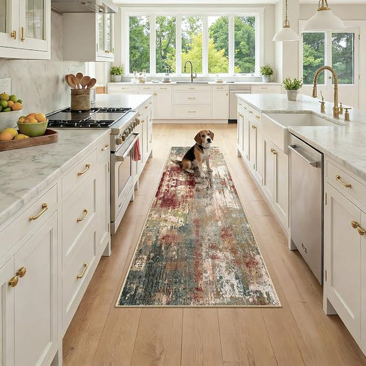 RELEANY Washable Area Rugs 2x7 Non-Slip Modern Abstract Soft for Living Room Entryway Bedroom Kitchen, Print Pattern, Brown Rust Red Green Blue Multi