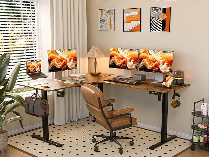 WALKINGDESK 63X55 Inches Reversible L Shaped Standing Desk Height Adjustable with Cup Holder, Electric Corner Computer Desk, Sit Stand up Home Office Desk, Ergonomic Gaming Desk, Rustic Brown