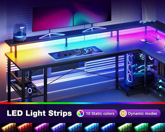 ODK 66" L Shaped Gaming Desk with Power Outlet and LED Lights, PC Gaming Table with Carbon Fiber Texture, Reversible L Shape Desk with Storage Shelves & Monitor Stand, Home Office Desk, Black
