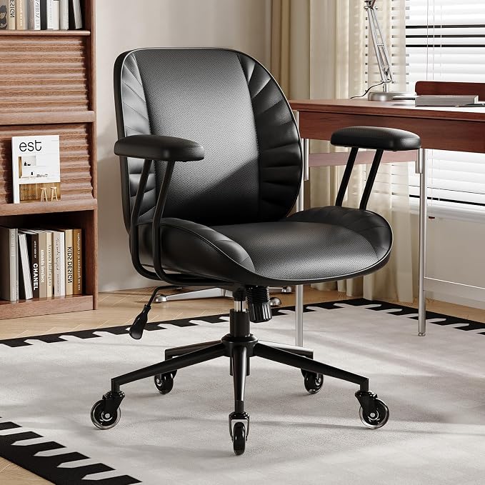 BFZ Home Office Desk Chair, Adjustable Comfy Office Chair with Wheels,Leather Office Chair with Removable Armrests, Office Desk Chair with Lumbar Support for Home Office or Workspace, Black