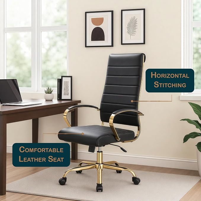 LeisureMod Modern High-Back Leather Office Chair - Swivel & Adjustable Executive Desk Chair with Gold Frame, Ergonomic Design for Home & Office (Black, Set of 8)
