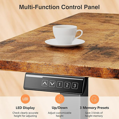 Sweetcrispy Electric Standing Desk Adjustable Height, 55x24 Inch Sit Stand Up Home Office Desks Computer Workstation PC Work Table with 3 Memory Preset Splice Wood Board Metal Frame, Rustic