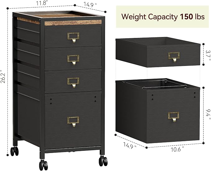 Garvee File Cabinet with 4 Drawers, Mobile Filing Cabinet Fits Letter Size or A4, Fabric Vertical File on Wheels, Home Office Small Under Desk Filing Storage Cabinets, Black