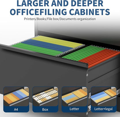 3 Drawer File Cabinet with Lock, Black Metal Lateral Filing Cabinets for Home Office, Heavy Duty Steel Horizontal Locking Storage Cabinet for Legal/Letter/A4 Size File, Assembly Required