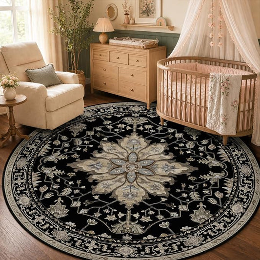 RELEANY Area Rugs Round 5ft Washable Non-Slip, Floral Vintage Distress Medallion Carpet for Living Room Bedroom Dining Room, Black Brown Neutral Dark Tan