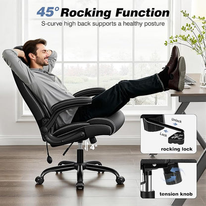 BESTFAIR Ergonomic Office Chair - Desk Computer Chair, Leather High Back Executive Chairs with Adjustable Lumbar Support & Flip Up Arms, Black 8 Pack