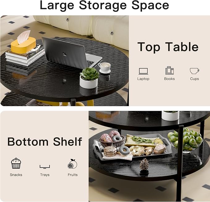 FAMIDGE Coffee Table, 2 Tier Coffee Tables for Living Room, Round Coffee Table with Storage, Floor Table for Bedroom, Home Office, Black (27.6" D x 18.1" H)