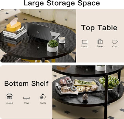 FAMIDGE Coffee Table, 2 Tier Coffee Tables for Living Room, Round Coffee Table with Storage, Floor Table for Bedroom, Home Office, Black (27.6" D x 18.1" H)