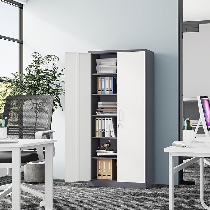 Fesbos Metal Storage Cabinet-72” Tall Steel File Cabinets with Lockable Doors and 5 Adjustable Shelves-Gray&White Steel Storage Cabinet for Home, School, Office, Garage