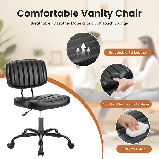 Simple Deluxe Small Office Chair, Armless Desk Chair with Wheels, PU Leather Comfy Computer Task Swivel Vanity Rolling Chairs No Arms for Small Space, Home Office, Black