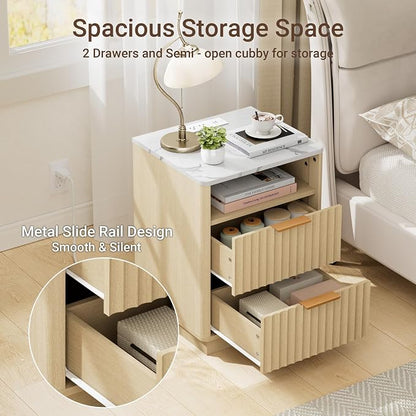 Fluted Nightstand, Modern Night Stand, Nightstand with Faux Marble Top and Charging Station, 2 Drawers End Table w/Storage, Bedside Table for Bedroom Living Room, Natural Oak