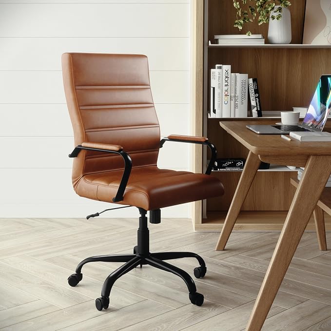 Flash Furniture Whitney High-Back Swivel LeatherSoft Desk Chair with Padded Seat and Armrests, Adjustable Height Padded LeatherSoft Office Chair, Brown/Black Gold