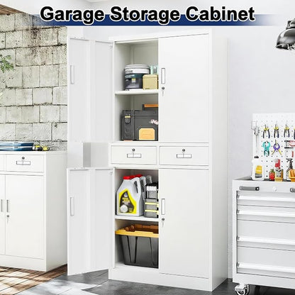 BESFUR Metal Garage Storage Cabinet with Two Drawers Locking Doors and 2 Adjustable Shelves, White Tall Storage Cabinets, Tool File Lockable Cabinet for Garage Office Warehouse Shop(71”H)