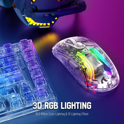 Wireless Gaming Mouse PC Transparent Shell Computer Mice with Dual mode BT5.0/2.4G,PixArt Chip 3D RGB Lighting,Ergonomic 7 Buttons,Rechargeable Mute Mouse for PC Laptop Tablet PS4 PS5 Xbox one