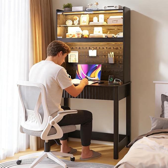 Lvifur Writing Desk with Power Outlet - Small Study Desk with LED Lights, Home Office Desk with Drawer & Hutch & Pegboard, Space Saving Study Table Work Station for Dorm, Living Room (Black)
