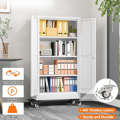 pozdeg 45.6" Metal Garage Storage Cabinets with Wheels, Lockable Rolling File Cabinets with 2 Doors and 3 Adjustable Shelves, Steel Tool Organizer Locker for Office Home Garage Gym School, White