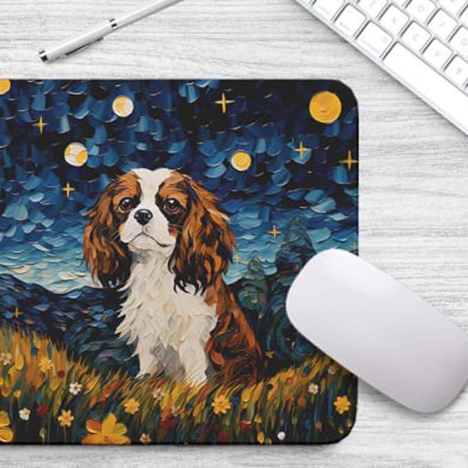 Starry Night Dog Mouse Pad for Computer Laptop Home Office Gaming Working Desk Desktop Accessories Non-Slip Rubber Mouse Pad for Dog Lovers (Cavalier King)