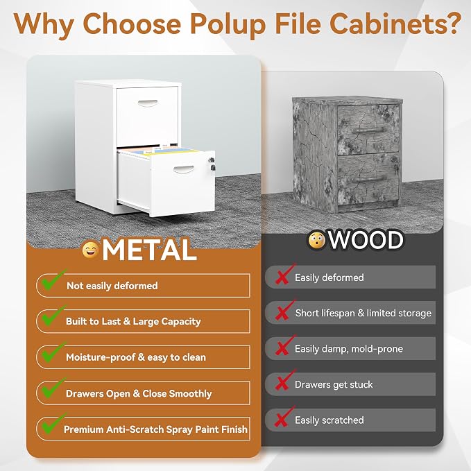 Polup 2 Drawer File Cabinet with Lock, White Filing Cabinets for Home Office, Metal Locking File Cabinet with Two Drawers, Light Duty File Storage Cabinet for Letter Size - Assembly Required