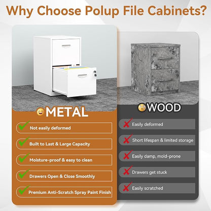 Polup 2 Drawer File Cabinet with Lock, White Filing Cabinets for Home Office, Metal Locking File Cabinet with Two Drawers, Light Duty File Storage Cabinet for Letter Size - Assembly Required