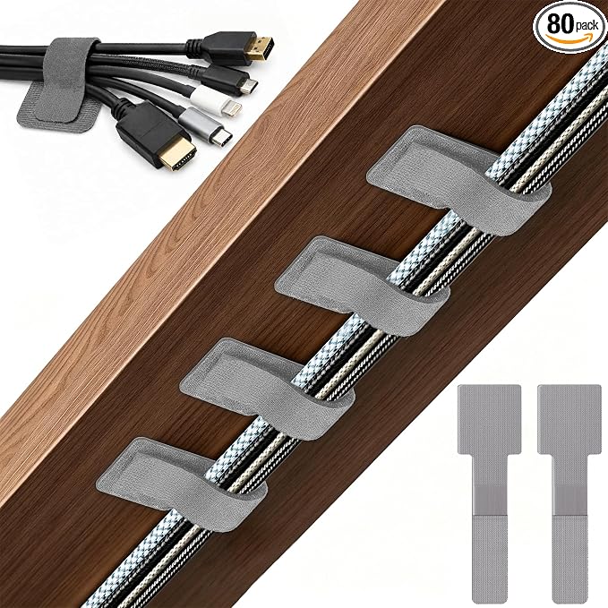 80 PCS Hook and Loop Cable Ties, Self Adhesive Cable Management Straps, Reusable Cord and Wire Organizer Clips for Under Desk, Computer, TV, Gaming Setup, Home Office and Kitchen, Gray