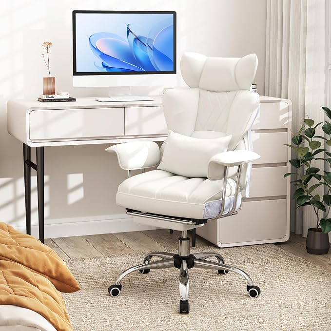 Giantex Office Desk Chair, Big and Tall Executive Office Chair with Foot Rest and Lumbar Support, High Back Leather Swivel Computer Task Chair, Large Ergonomic Reclining Home Office Chair, White