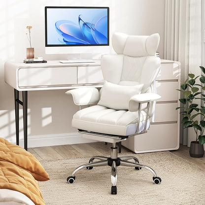 Giantex Office Desk Chair, Big and Tall Executive Office Chair with Foot Rest and Lumbar Support, High Back Leather Swivel Computer Task Chair, Large Ergonomic Reclining Home Office Chair, White