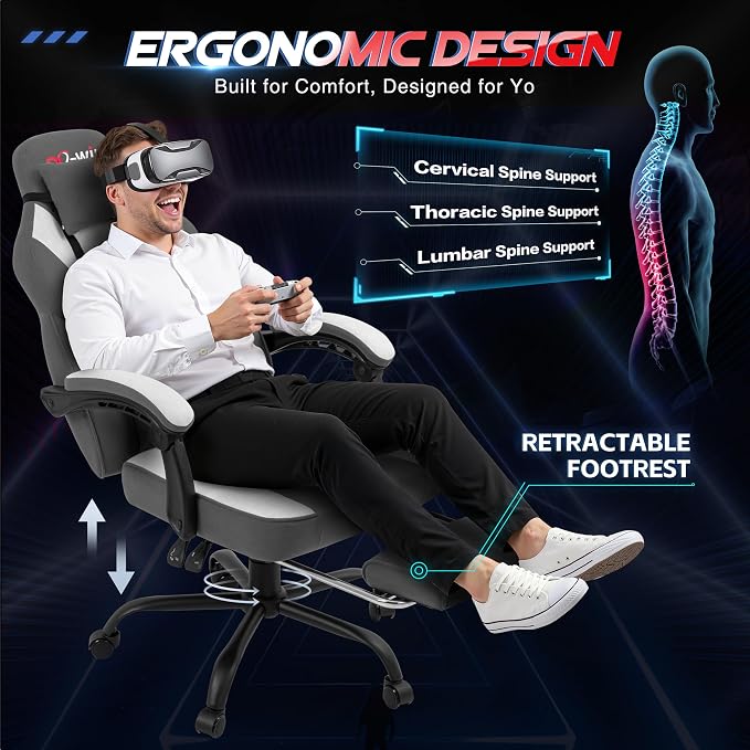 DL-win Gaming Chair for Adults with Footrest & Massage Lumbar Support, Ergonomic High Back Gamer Chair, Adjustable Swivel Computer Gaming Chairs with Headrest and Linkage Armrests,Green (Greige)