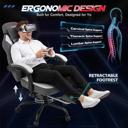 DL-win Gaming Chair for Adults with Footrest & Massage Lumbar Support, Ergonomic High Back Gamer Chair, Adjustable Swivel Computer Gaming Chairs with Headrest and Linkage Armrests,Green (Greige)