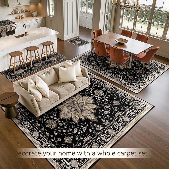 RELEANY Area Rugs 5'x8' Washable Non-Slip, Floral Vintage Distress Medallion Carpet for Living Room Bedroom Dining Room, Black Brown Neutral Dark Tan
