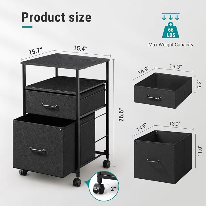 DEVAISE Mobile File Cabinet, Rolling Printer Stand with Open Storage Shelf, Fabric Vertical Filing Cabinet fits A4 or Letter Size for Home Office, Black