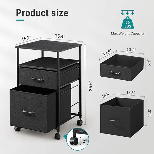 DEVAISE Mobile File Cabinet, Rolling Printer Stand with Open Storage Shelf, Fabric Vertical Filing Cabinet fits A4 or Letter Size for Home Office, Black