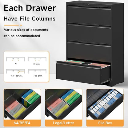 Bestoo 4 Drawer Lateral File Cabinet with Lock Heavy Duty Large Metal Filing Cabinet Home Office Cabinets Wide Steel Cabinets for Legal/Letter Size,Assembly Required Black