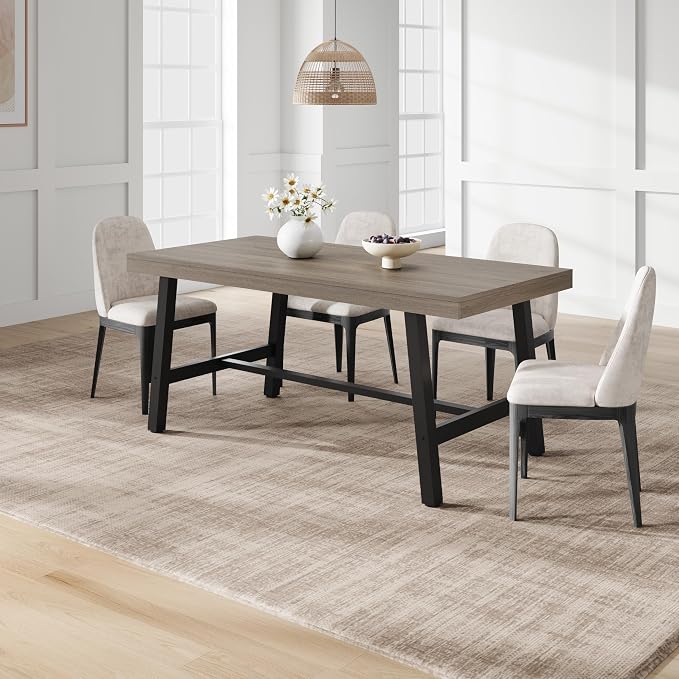 GarveeHome Industrial Dining Table for 4-6 People, 63" Long Kitchen Table with Sturdy Metal Frame, Rectangular Counter for Dinner, Kitchen, Dining Room (Grey Walnut, 63" Non-extendable)
