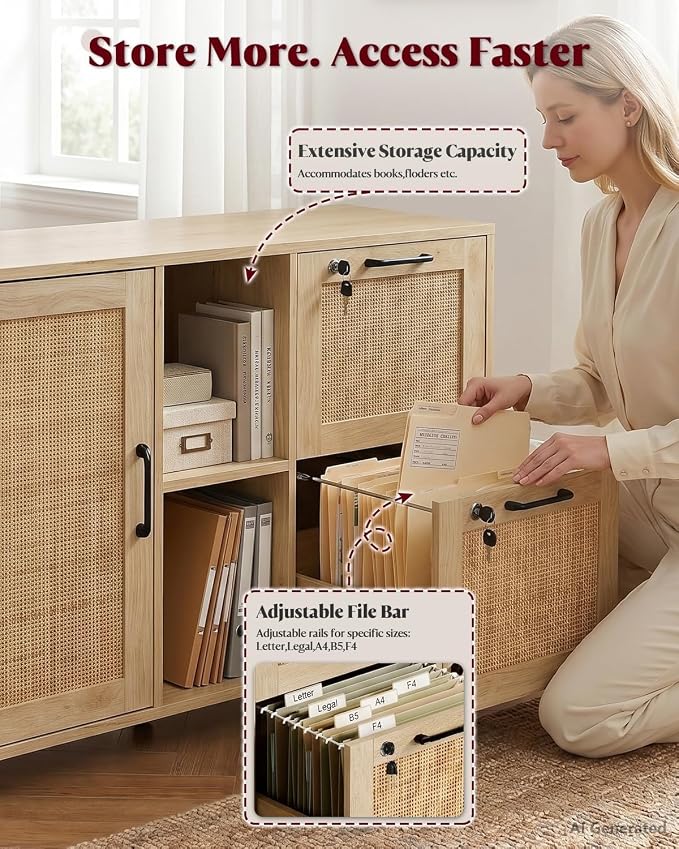 HOPUBUY 2 Drawer File Cabinet with Lock, Large Rattan Filing Cabinets with Door & Open Shelves,Wide Wood Rolling Office Storage Cabinet on Wheels for Home, Natural