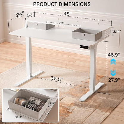 Electric Standing Desk with Two Drawers,48 x 24 Inch Sit Stand Desk Adjustable Height, Stand Up Desk with Storage Shelf, Computer Workstation for Home Office, White