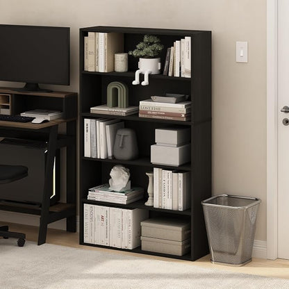 Furinno PASIR Book Shelf, 5-Tier Bookshelf, Bookcase with Open Shelf, 9.4 x 31.5 x 52.7, for Living Room, Bedroom, Home Office, Espresso