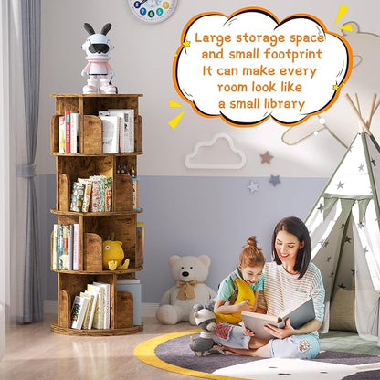 Besiost Rotating Bookshelf, Corner Bookshelf, 360 Display Wood Spinning Bookcase Storage Rack, Floor Standing Revolving Bookcase Narrow Book Shelf Organizer for Small Space, Bedroom, Rustic Brown