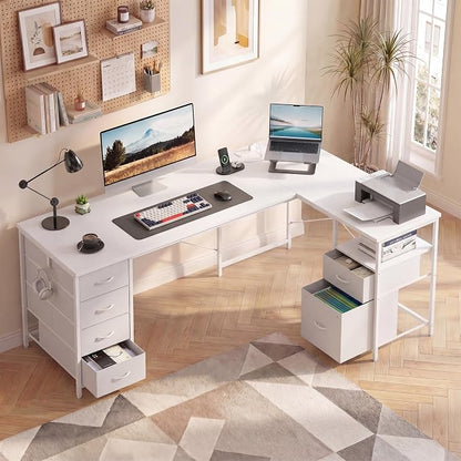 YOUDENOVA 55 Inch L Shaped Desk with Power Outlets & Type-C Port, Reversible Corner Computer Desk with 6 Drawers & File Cabinet, Large Workstation for Home Office, Gaming, Study, White