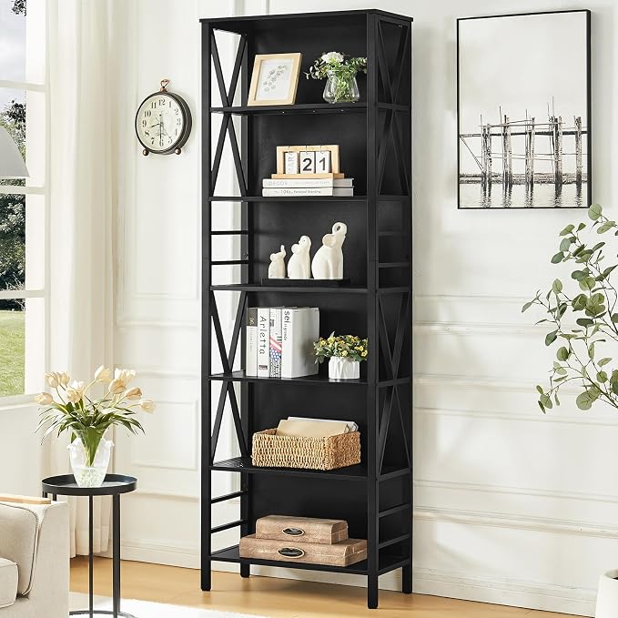 HOMISSUE Bookshelf, 7-Tier Bookshelf, Rustic Wood Metal Bookshelves and Bookcases, Freestanding Open Bookshelf, Industrial Tall Bookcase for Home Office, Living Room and Bedroom, Black