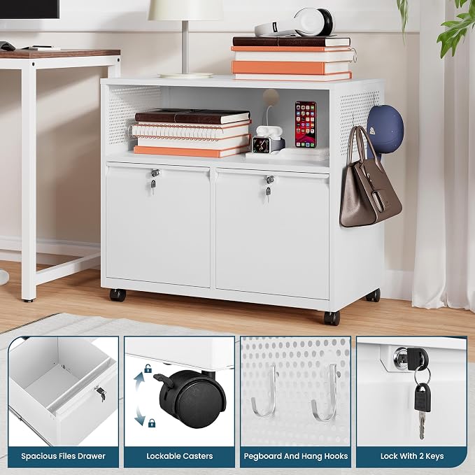 MIIIKO File Cabinet with Storage 2 Drawers, Rolling File Cabinet for Home Office, Metal White 2 Drawers Storage with Shelf, for Printer, Letter A4 File Organizer