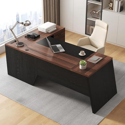 Epecoya L-Shaped Executive Desk with Drawer, 78-Inch Large Home Office Desk with Cord Hold and Power Outlet, Modern Computer Table with Lateral File Cabinet,Open Shelf and PC Stand, Walnut Brown Black
