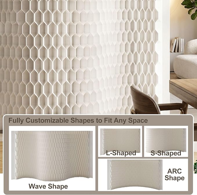 Freestanding Room Divider – Double‑Sided Honeycomb & Pleated, Accordion Kraft Paper Privacy Screen with 16.9" Wide Anti‑Slip Base, Portable Partition Wall for Living Room, Studio, Exhibition