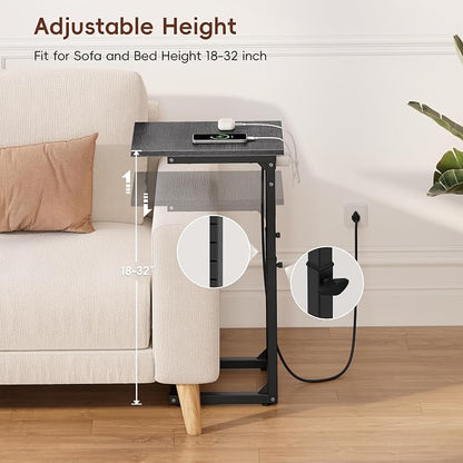 Vagusicc C Shaped End Table with Charging Station, 33" Tall Side Table for Couch, Adjustable Height C Table End Table, Couch Table Slide Under Sofa Table TV Tray Table for Living Room, Gray Walnut