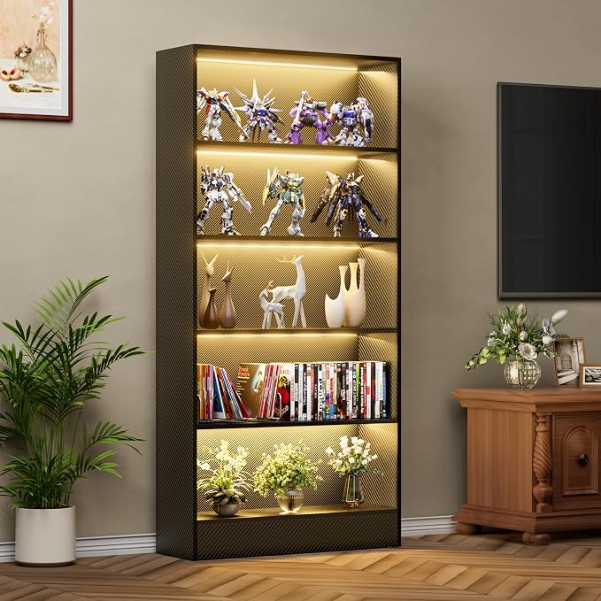 CODACE Tall Wooden Black Bookshelf - Book Shelf with LED Lights, Lighted Display Shelf with 5-Tier Shelves, Large Display Bookshelves for Collectibles, Modern Bookcase for Living Room, Bedroom, Office